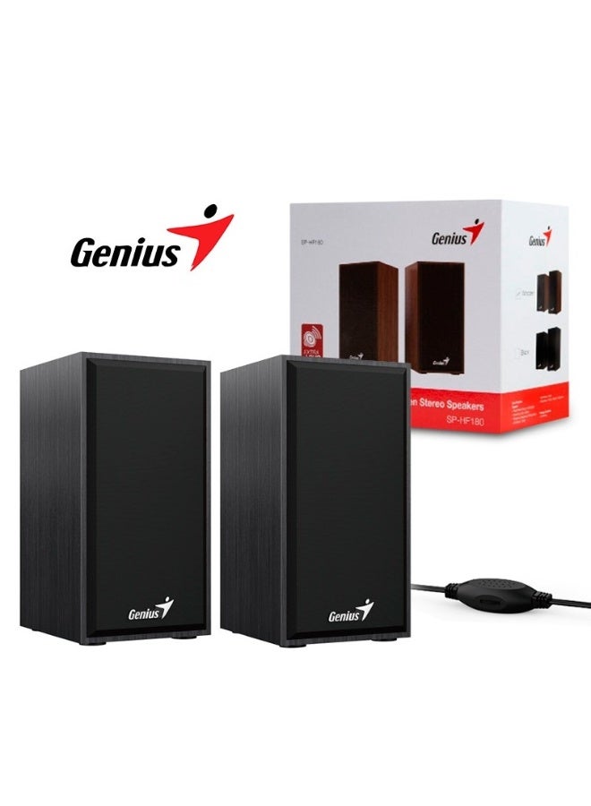 جينيس مكبرات صوت ستيريو ثنائية الاتجاه Genius SP-HF180 بمنفذ USB، مزودة بمقبس صوت 3.5 ملم، وهيكل خشبي، ووحدة تحكم مدمجة في مستوى الصوت، ومكبرات صوت متعددة الوسائط تعمل بتقنية التوصيل والتشغيل لأجهزة الكمبيوتر الشخصية والمحمولة والتلفزيون والهواتف المحمولة - أسود - Image 3
